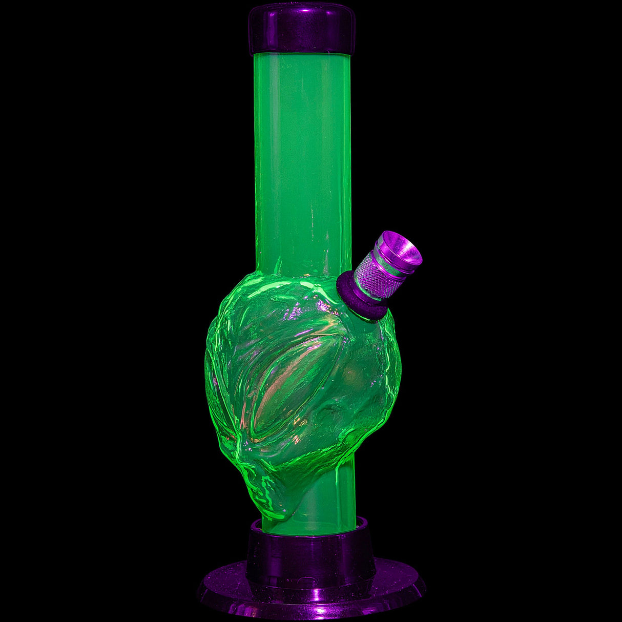 JM Plastics Mini Skull Acrylic Bong in green, 6" tall, with a deep bowl, front view on black background