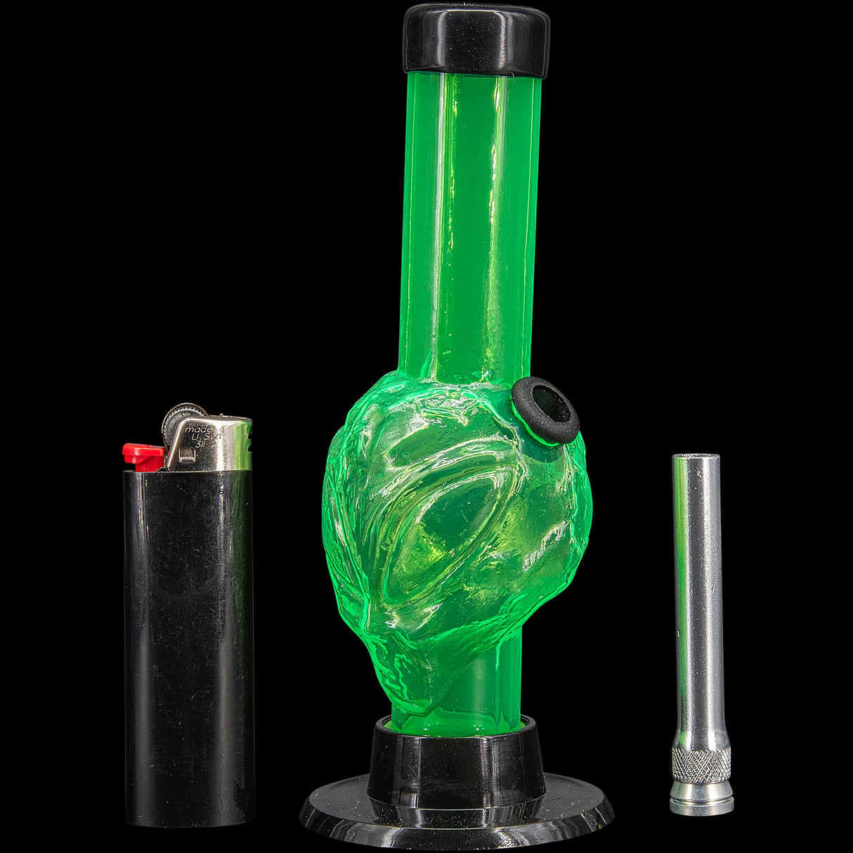 JM Plastics Mini Skull Acrylic Bong in green, 6" tall with lighter and bowl, front view on black background