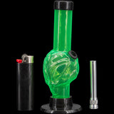 JM Plastics Mini Skull Acrylic Bong in green, 6" tall with lighter and bowl, front view on black background