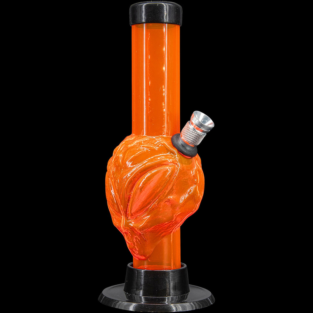 JM Plastics Mini Skull Acrylic Bong in Vibrant Orange, 6" Tall, Front View on Black Background