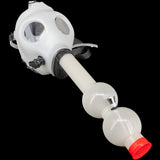 JM Enterprises acrylic gas mask bong, diagonal angle showing mask straps and diffuser tube, unlit