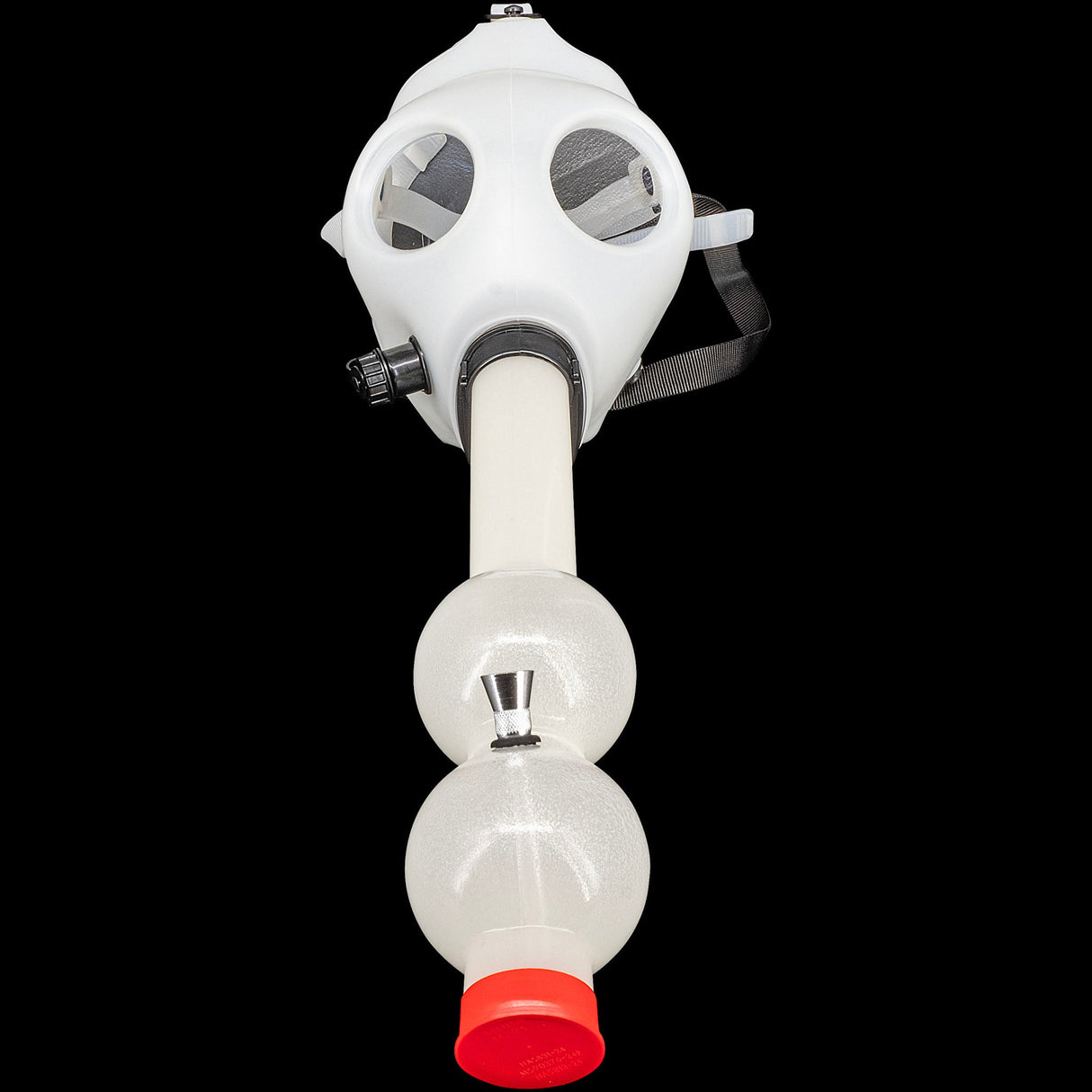 JM Enterprises acrylic gas mask bong, straight-on front view with mask and diffuser tube assembled