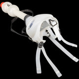 JM Enterprises acrylic gas mask close-up showing adjustable head straps and eye ports, unlit