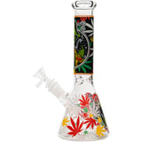 Aliens And Hemp Leaves Glow Glass Beaker Water Pipe-10" / 14mm F / Designs Vary