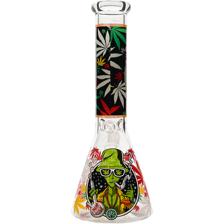 Aliens And Hemp Leaves Glow Glass Beaker Water Pipe-10" / 14mm F / Designs Vary