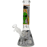 Aliens And Hemp Leaves Glow Glass Beaker Water Pipe-10" / 14mm F / Designs Vary