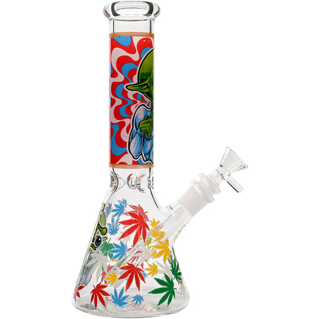 Aliens And Hemp Leaves Glow Glass Beaker Water Pipe-10" / 14mm F / Designs Vary