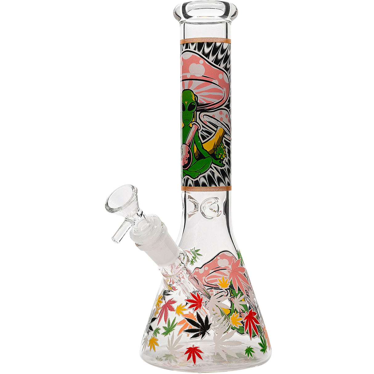 Aliens And Hemp Leaves Glow Glass Beaker Water Pipe-10" / 14mm F / Designs Vary