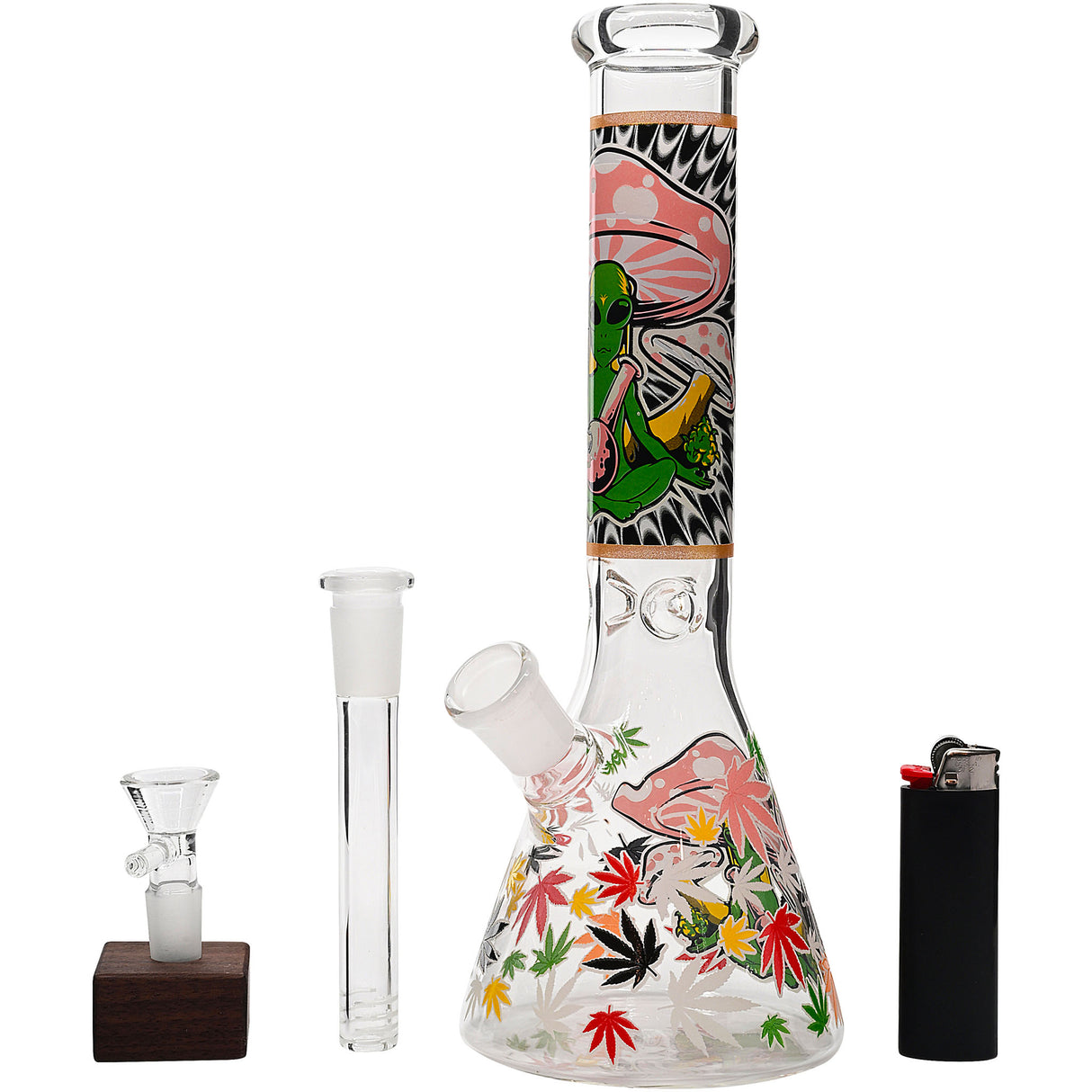 Aliens And Hemp Leaves Glow Glass Beaker Water Pipe-10" / 14mm F / Designs Vary