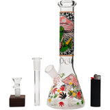 Aliens And Hemp Leaves Glow Glass Beaker Water Pipe-10" / 14mm F / Designs Vary