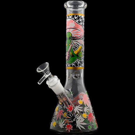 Aliens And Hemp Leaves Glow Glass Beaker Water Pipe-10" / 14mm F / Designs Vary