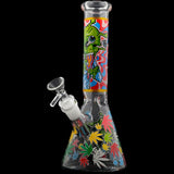 Aliens And Hemp Leaves Glow Glass Beaker Water Pipe-10" / 14mm F / Designs Vary