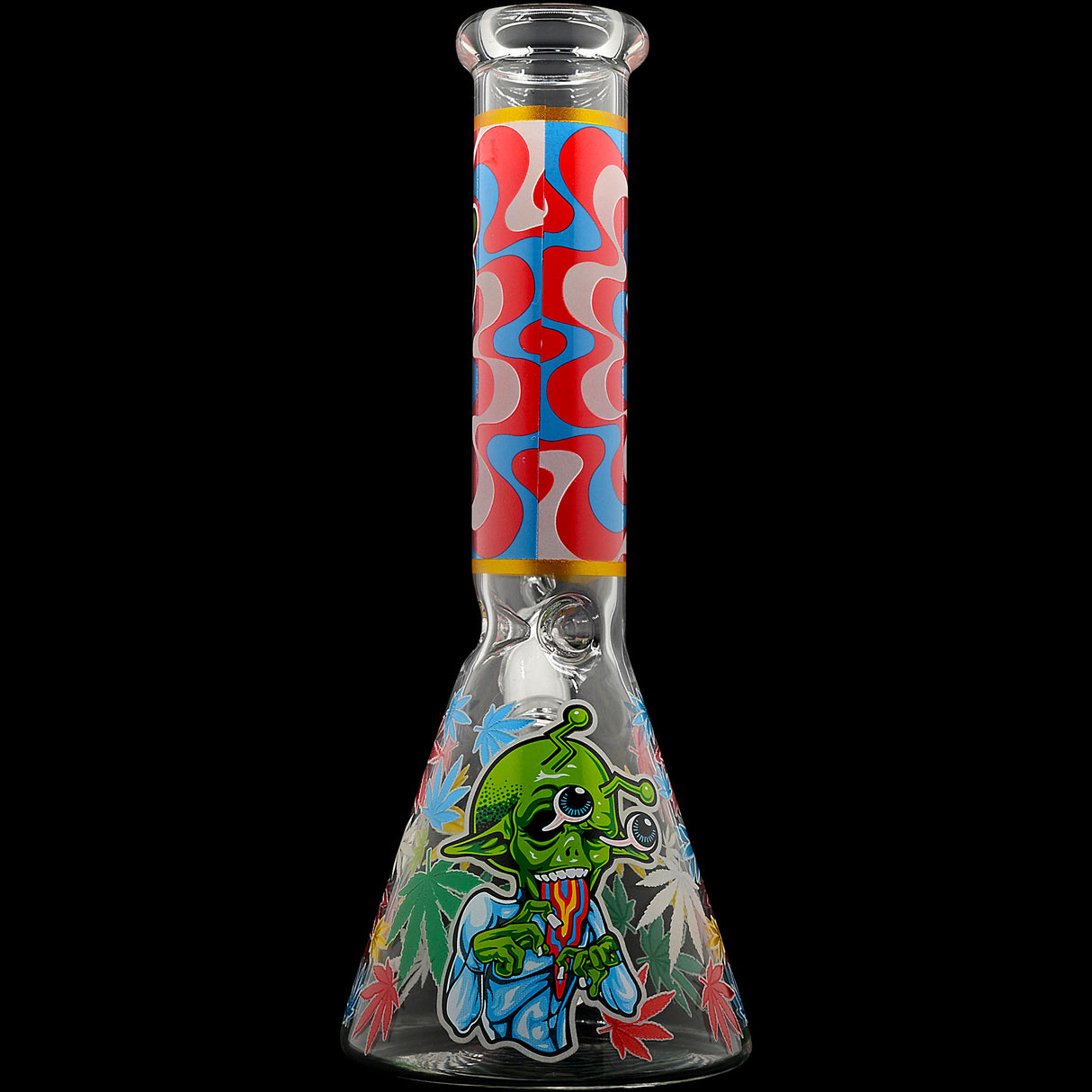 Aliens And Hemp Leaves Glow Glass Beaker Water Pipe-10" / 14mm F / Designs Vary