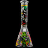 Aliens And Hemp Leaves Glow Glass Beaker Water Pipe-10" / 14mm F / Designs Vary