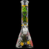 Aliens And Hemp Leaves Glow Glass Beaker Water Pipe-10" / 14mm F / Designs Vary