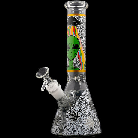 Aliens And Hemp Leaves Glow Glass Beaker Water Pipe-10" / 14mm F / Designs Vary