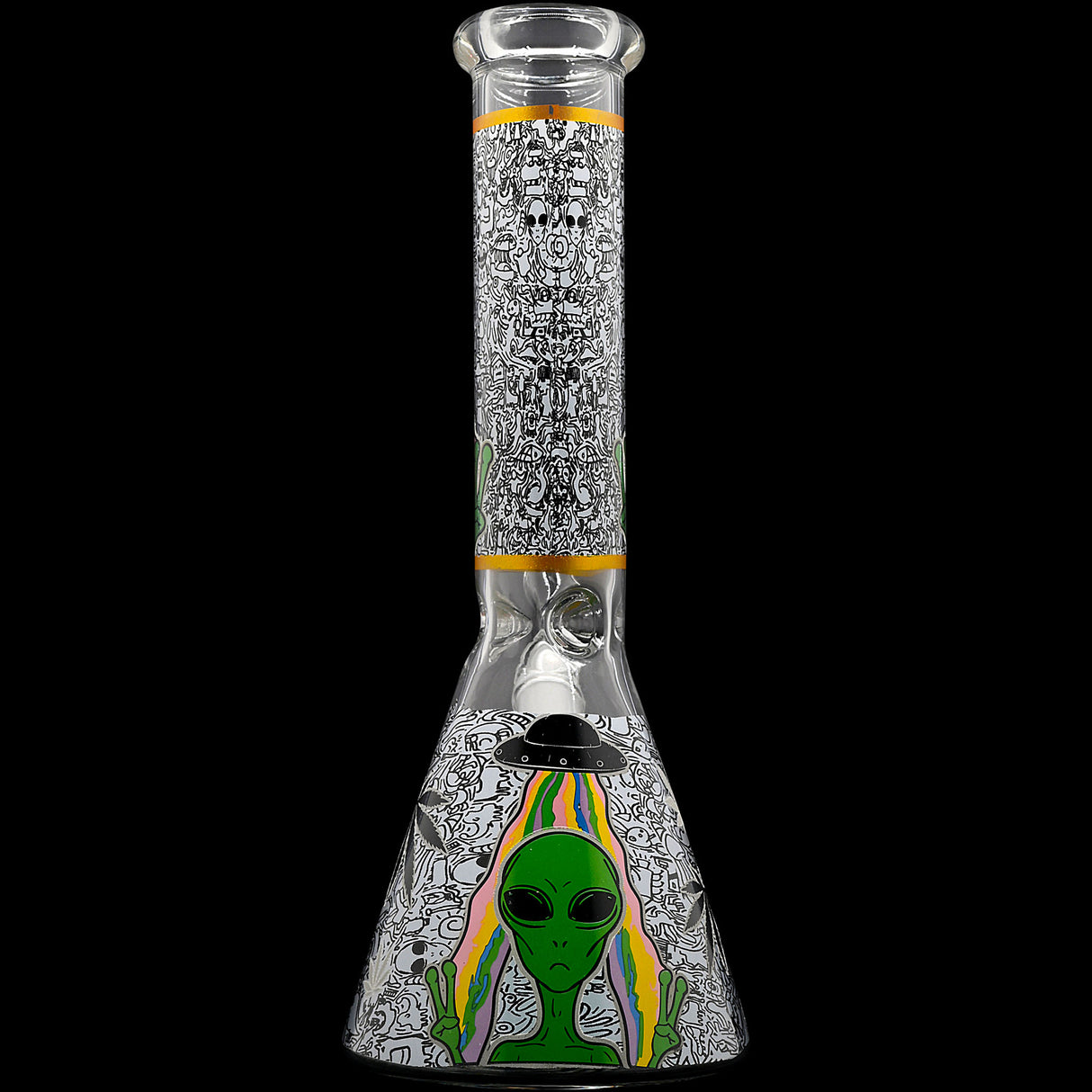Aliens And Hemp Leaves Glow Glass Beaker Water Pipe-10" / 14mm F / Designs Vary