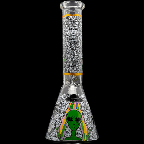 Aliens And Hemp Leaves Glow Glass Beaker Water Pipe-10" / 14mm F / Designs Vary