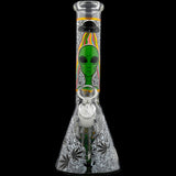 Aliens And Hemp Leaves Glow Glass Beaker Water Pipe-10" / 14mm F / Designs Vary