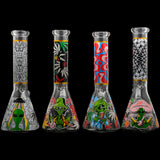 Aliens And Hemp Leaves Glow Glass Beaker Water Pipe-10" / 14mm F / Designs Vary