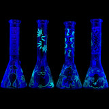 Aliens And Hemp Leaves Glow Glass Beaker Water Pipe-10" / 14mm F / Designs Vary
