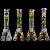 Aliens And Hemp Leaves Glow Glass Beaker Water Pipe-10" / 14mm F / Designs Vary