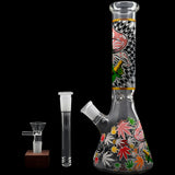 Aliens And Hemp Leaves Glow Glass Beaker Water Pipe-10" / 14mm F / Designs Vary