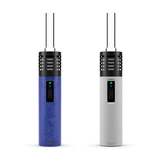 Arizer Air SE Portable Vaporizers in Blue and White, Front View with Extended Mouthpieces