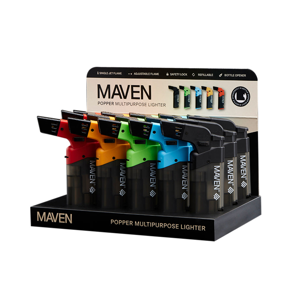 Maven Torch Popper 5-Pack display, windproof lighters with bottle openers, assorted colors