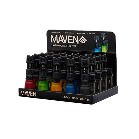 Maven Torch Laytop Mini 5-pack with windproof jet flames in assorted colors on display stand