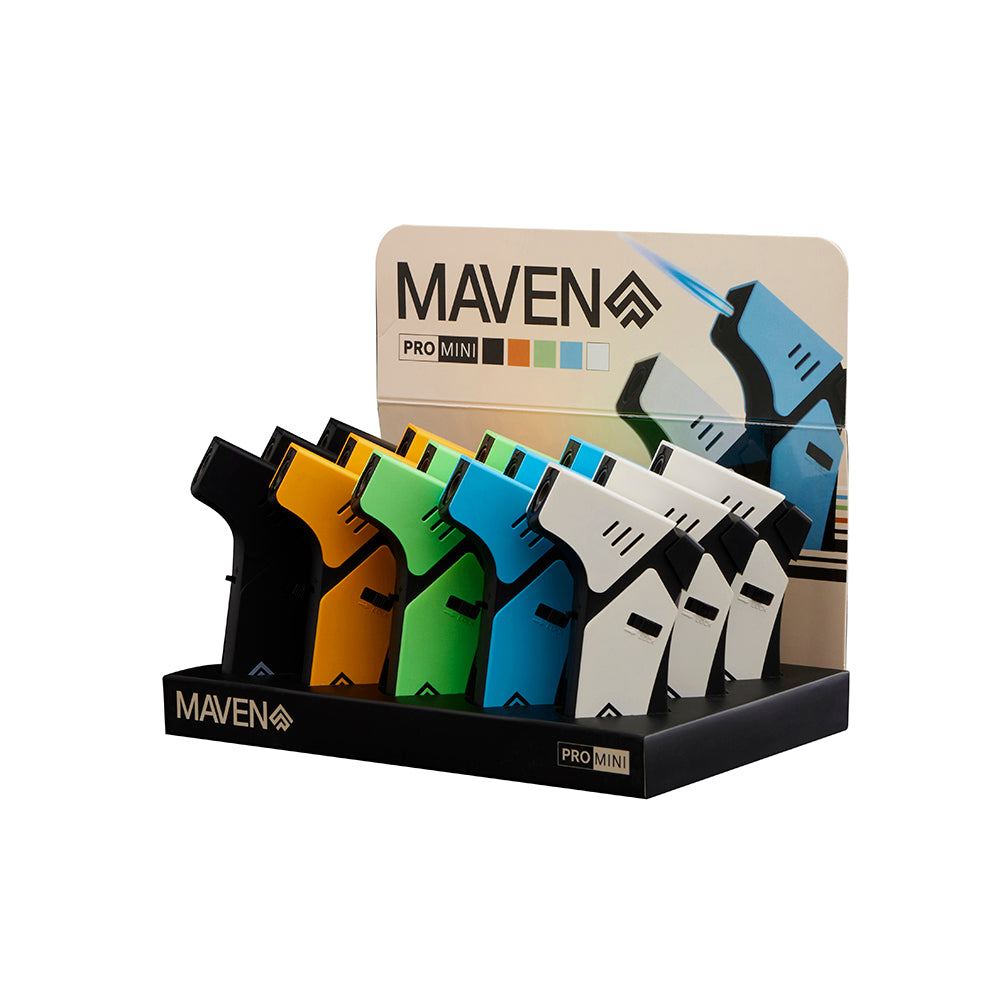 Maven Torch Mini Pro 5-Pack lighters in assorted colors with jet flames, displayed front view