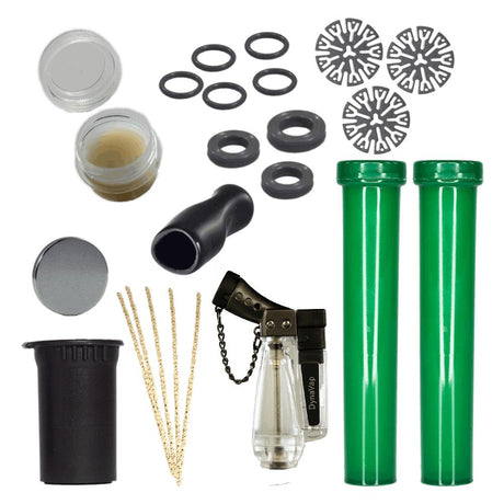 DynaVap DynaKit Deluxe maintenance kit laid out with the included torch, CCD screens, DynaMag, and SnapStash.