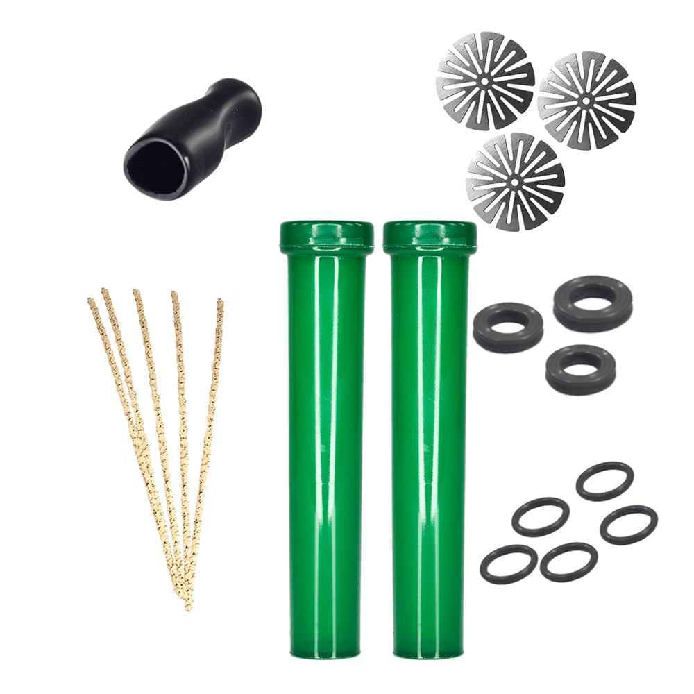 DynaVap DynaKit Basic replacement parts kit displaying O-rings, CCD screens, mouthpiece, and pipe cleaners