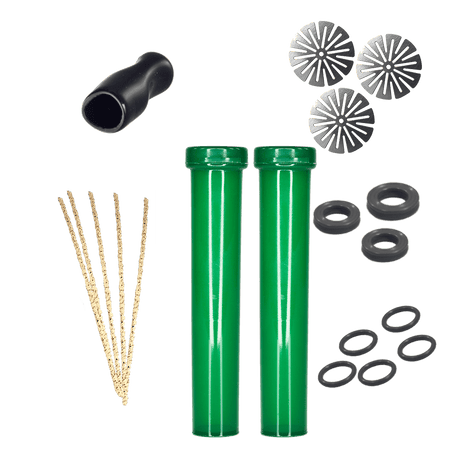 DynaVap DynaKit Basic replacement parts kit displaying O-rings, CCD screens, mouthpiece, and pipe cleaners
