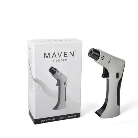Maven Torch Thunder in Gray: Windproof Jet Flame Dab Rig Torch with Safety Lock and Packaging