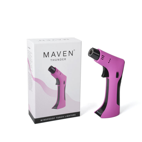 Maven Torch Thunder in Purple: Windproof Jet Flame Dab Rig Torch with Safety Lock and Packaging