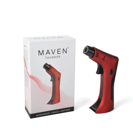 Maven Torch Thunder in Red with windproof jet flame and safety lock, next to its packaging
