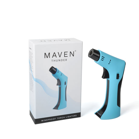 Maven Torch Thunder in Sky Blue with Safety Lock next to its packaging, angled view