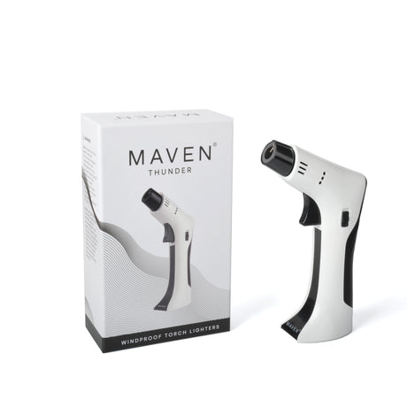 Maven Torch Thunder in White: Windproof Jet Flame Dab Rig Torch with Safety Lock and Packaging