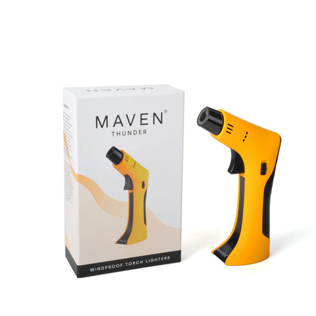 Yellow Maven Torch Thunder Jet Flame Dab Rig Torch with Safety Lock next to its packaging