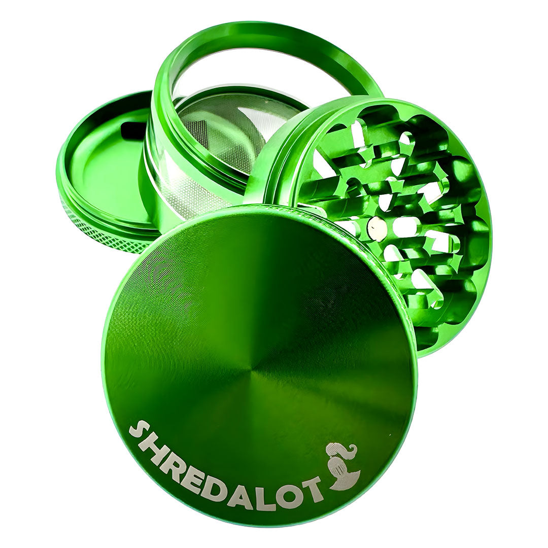 Sir Shredalot Clear Catcher Chamber Grinder in green, 4-part design with fine mesh screen