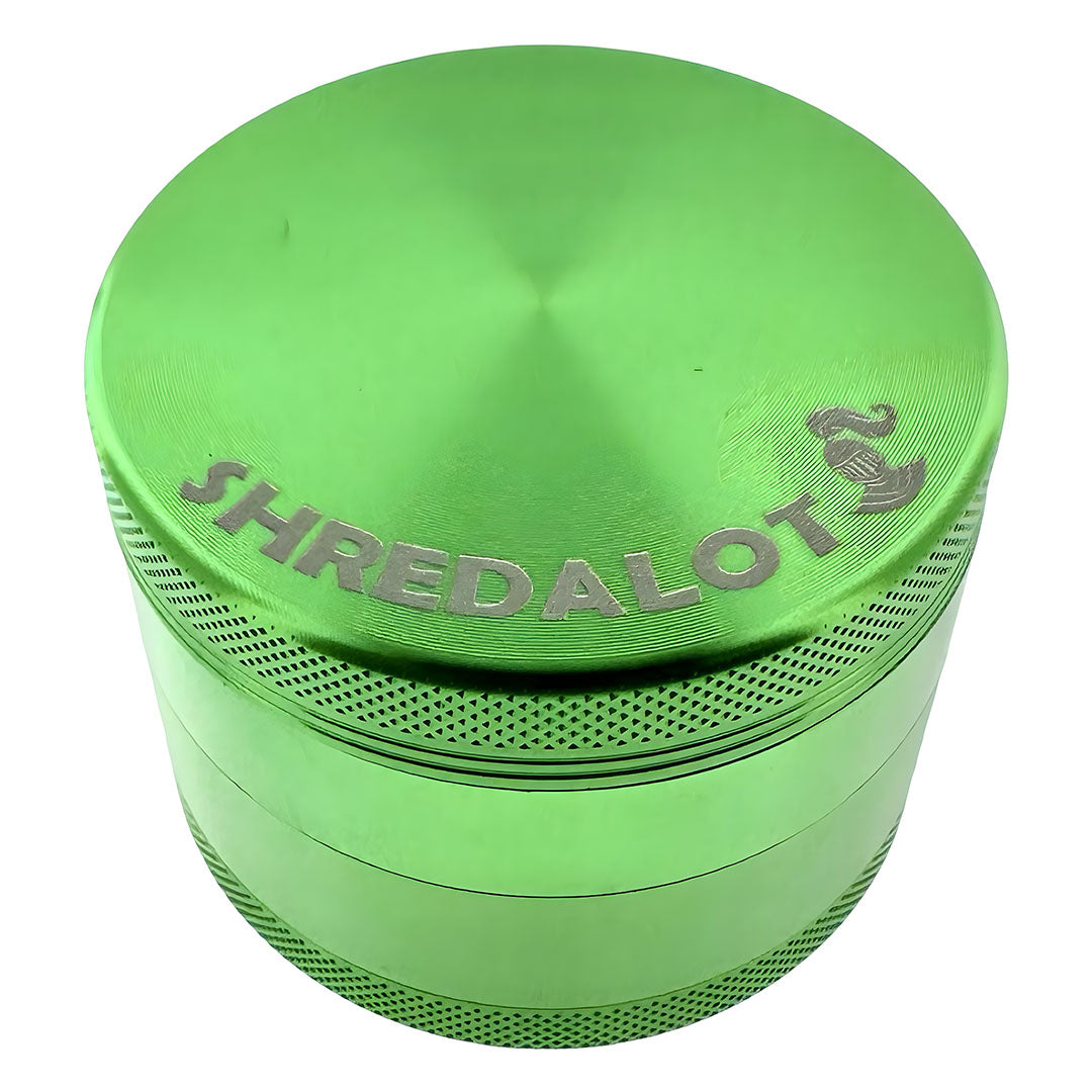 Sir Shredalot 4-part Grinder 63mm in vibrant green with engraved logo, top view