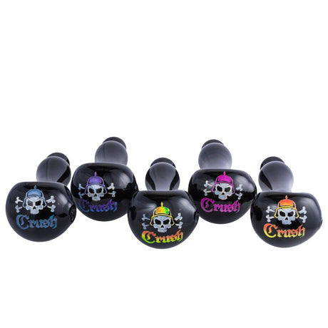 Array of Crush Laser-Etched Hand Pipes with Colorful Skull Logos - 4" Borosilicate Glass