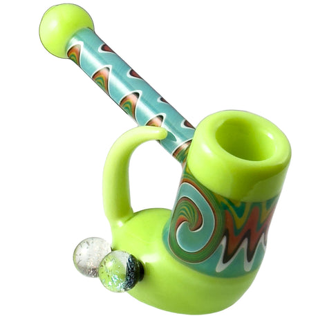 Crush Fang Bub Pipe in Slime color with Dual Galaxy Marbles, 4.5" Borosilicate Glass, angled view