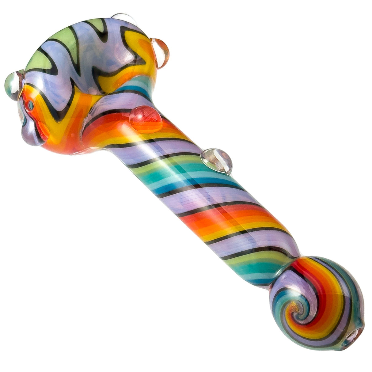 Crush Spiral Body Wig-Wag Head Hand Pipe with Bulb Mouthpiece in Rainbow Colors, Side View