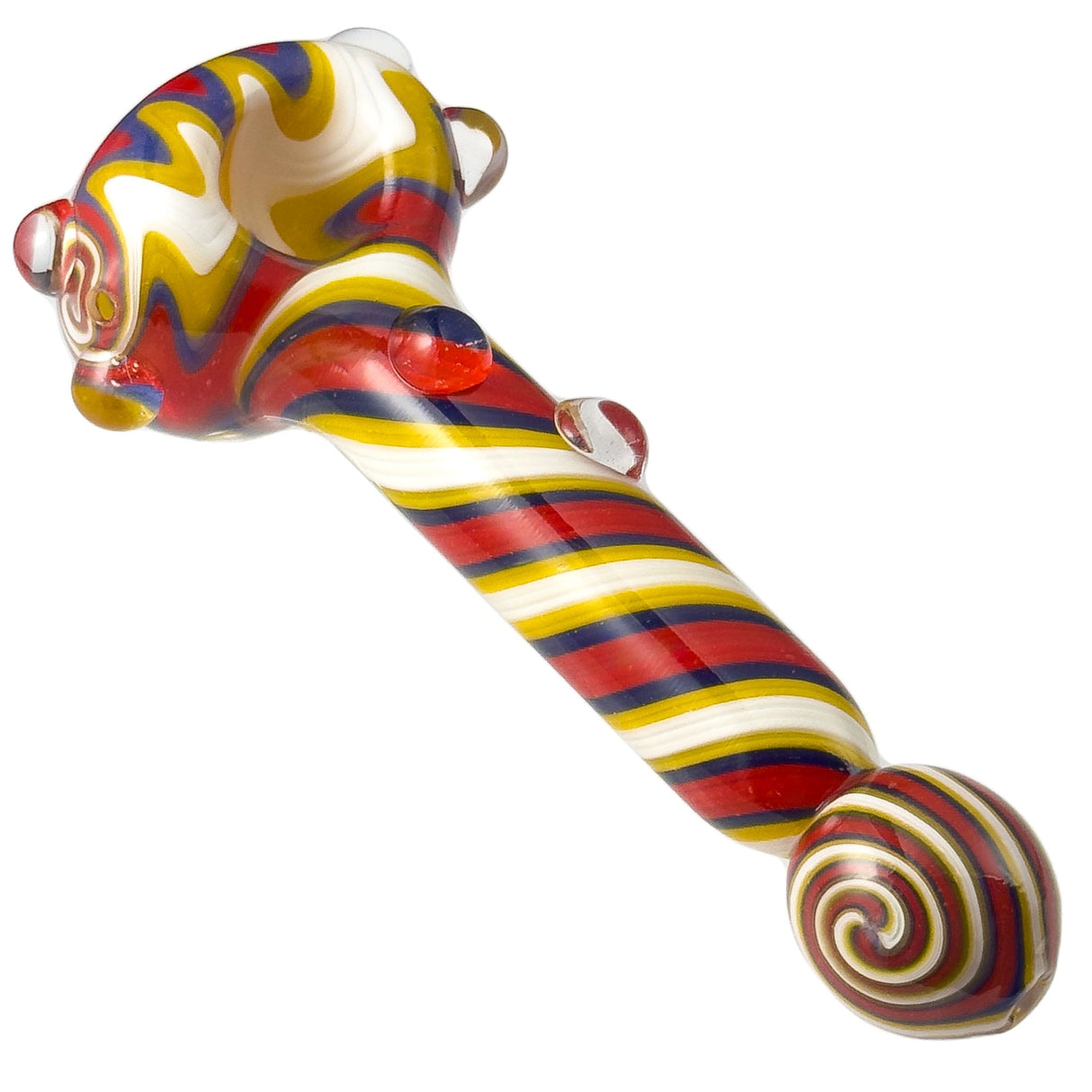 Crush Spiral Wig-Wag Hand Pipe with Bulb Mouthpiece in Red Stripe, Borosilicate Glass, Top View