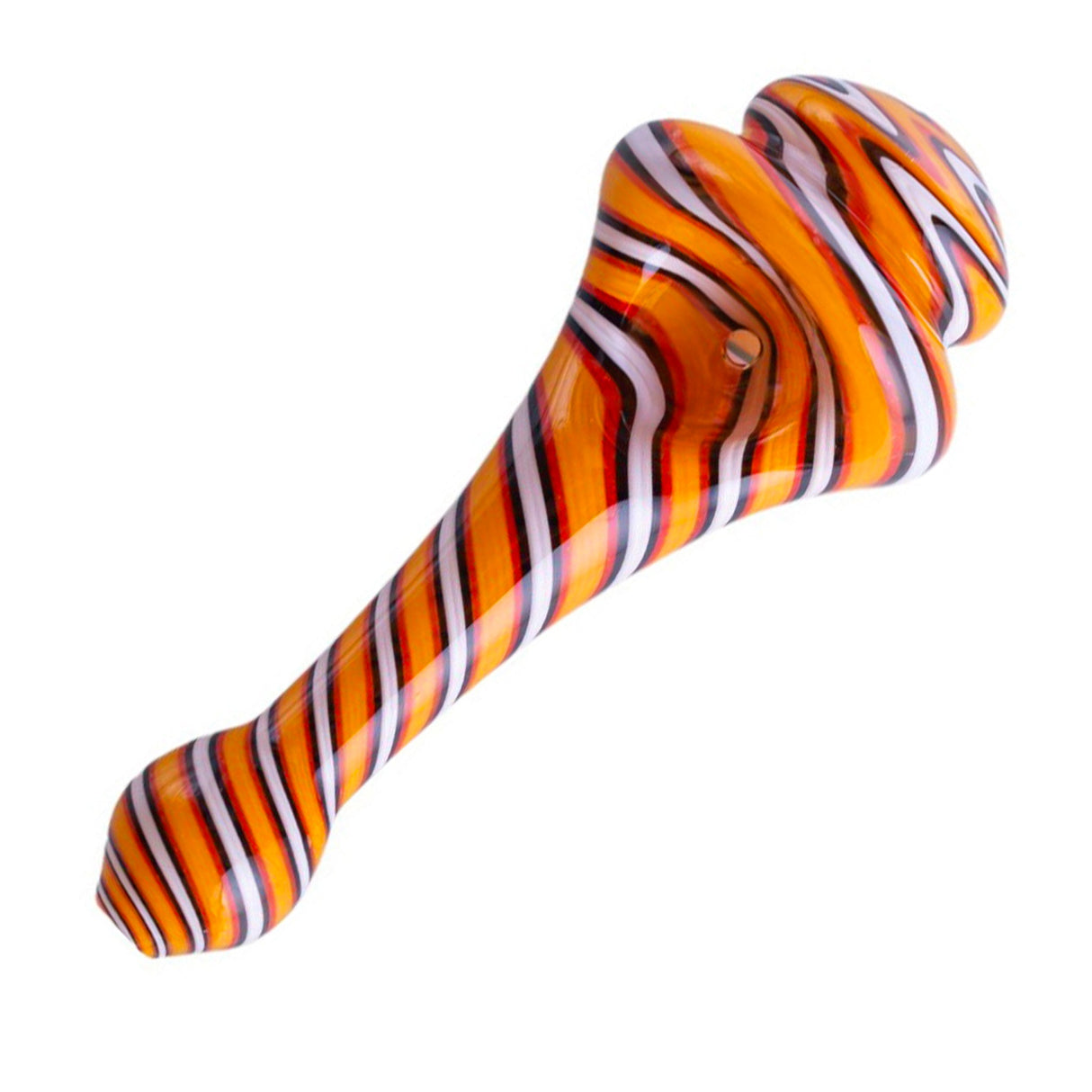 Crush Spinning Top Pipe in vibrant orange stripes, Borosilicate Glass, for Dry Herbs, angled view