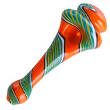 Crush Spinning Top Hand Pipe in Orange with Blue Stripes - Angled View