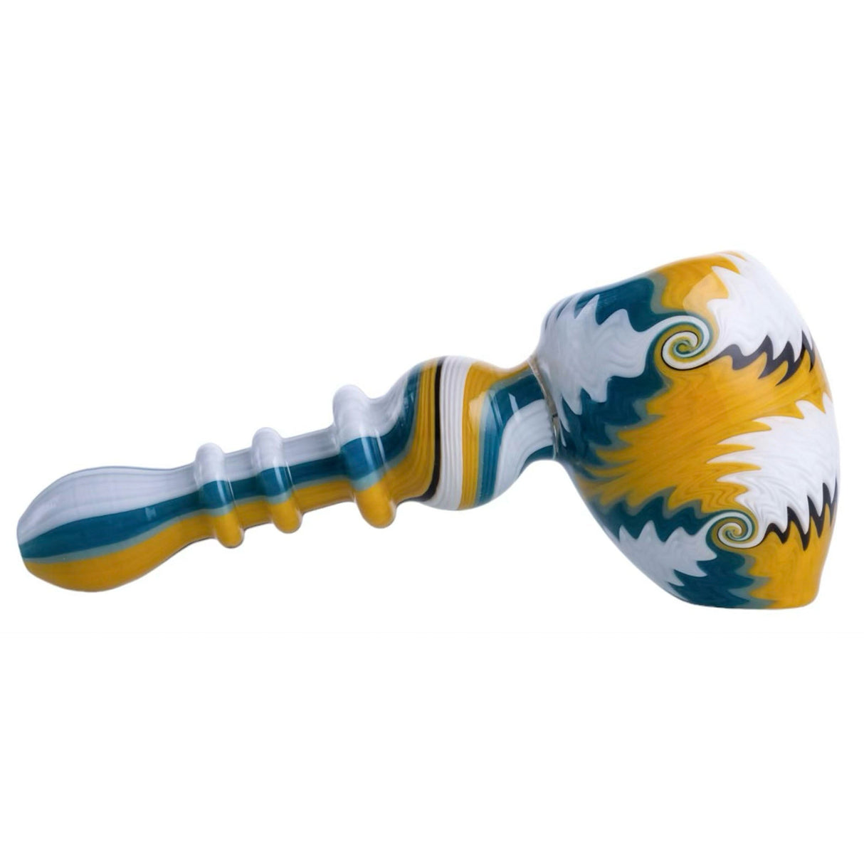 Crush Tomahawk Eye Candy Bubbler in vibrant yellow & blue, side view, for dry herbs