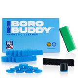 BoroBuddy Magnetic Cleaner by Snowtree with blue pads, green handle, and brush on white background